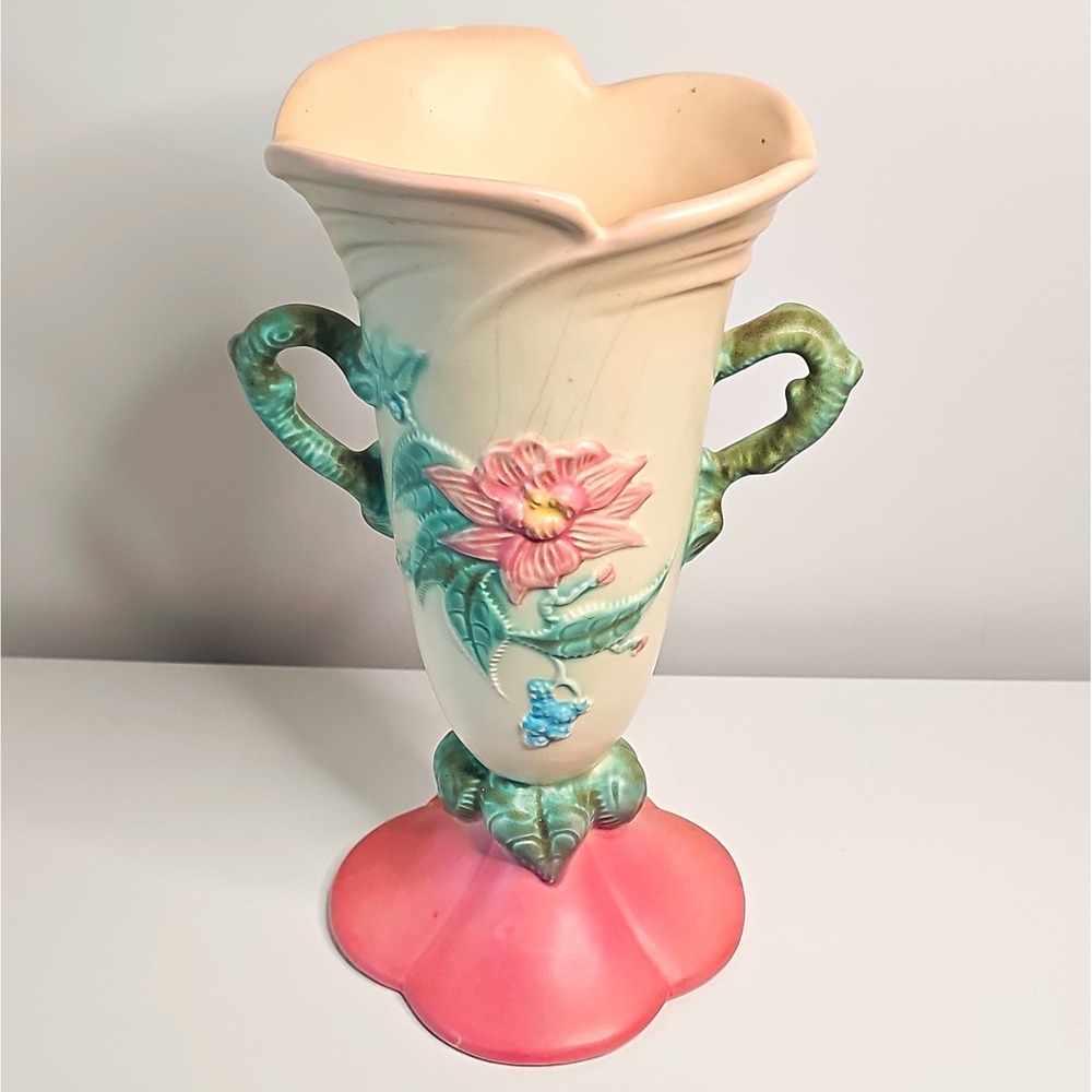 Hull USA 101-10 1/2 1940s Ceramic Floral Vase Pink Ivory Green, Handles Signed